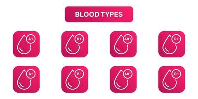 ícone de linha de tipo sanguíneo. grupo de pictograma de sangue. coleção de gotas de plasma. o, a, b, ab tipo positivo e negativo de conjunto de ícones de contorno de sangue. ilustração vetorial isolado. vetor