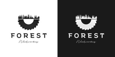 vetor de design de logotipo de floresta de pinheiros e moedor para marcenaria ou carpintaria