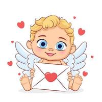 Cupido de bebê fofo com uma carta de dia dos namorados. ilustração vetorial dos desenhos animados. vetor