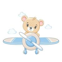 um lindo ursinho de pelúcia está voando em um avião. ilustração em vetor de um desenho animado.