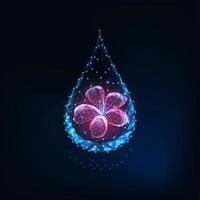 Gota de água poligonal baixa brilhante com flor roxa abstrata vetor