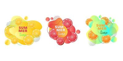 Horário de verão web banners conjunto com frutas limão, laranja, toranja e formas abstratas de líquidos