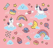 conjunto de unicórnio pastel vetorial, nuvens, estrela, sobremesa, planeta, ilustração infantil vetor