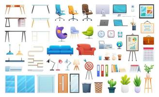 conjunto de ícone dos desenhos animados de móveis e equipamentos de escritório isolado no fundo branco vetor