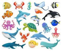 conjunto de peixes e animais marinhos em estilo cartoon vetor