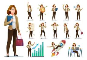 conjunto de personagem de mulher de negócios com diferentes poses e ações ilustração dos desenhos animados vetor