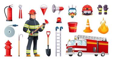 ilustração de desenho animado de personagem e equipamento de bombeiro isolada no fundo branco