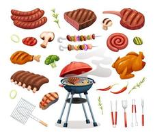 conjunto de elementos de festa de churrasco grelhados de carne e ingredientes. conceito de churrasco em estilo cartoon vetor