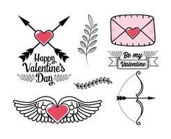 conjunto de coração com asas, cartão de amor e outros elementos do dia dos namorados vetor