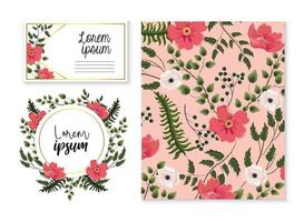 conjunto de cartão e etiqueta com flores exóticas e folhas vetor