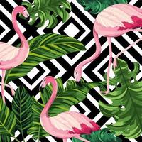 padrão de folhas tropicais com flamingos e diamantes vetor