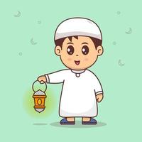 menino bonito traz lanterna celebrando o ramadã mubarak, ilustração vetorial de desenho animado eid mubarak vetor