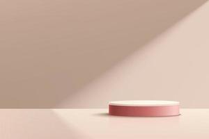 pódio de plataforma de cilindro rosa escuro em estilo minimalista. iluminação da janela. cena de parede abstrata de cor bege. pedestal geométrico com sombra. renderização vetorial em forma 3d para apresentação de exibição do produto. vetor
