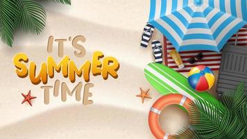 ilustração vetorial de férias de verão com bola de praia, folhas de palmeira, prancha de surf e carta de tipografia em fundo de areias de praia.