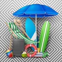 ilustração vetorial de férias de verão com bola de praia, folhas de palmeira, prancha de surf e carta de tipografia no fundo padrão. vetor