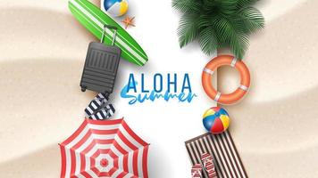 ilustração vetorial de férias de verão com bola de praia, folhas de palmeira, prancha de surf e carta de tipografia em fundo de areias de praia.