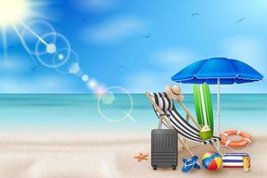 ilustração vetorial de férias de verão com bola de praia, folhas de palmeira, prancha de surf e carta de tipografia no fundo da paisagem do oceano azul. vetor