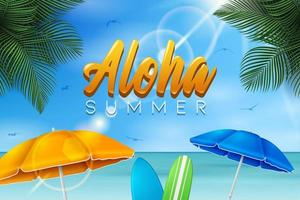 ilustração vetorial de férias de verão com bola de praia, folhas de palmeira, prancha de surf e carta de tipografia no fundo da paisagem do oceano azul. vetor