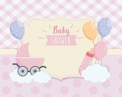 Rótulo de chuveiro de bebê com garrafa de transporte e balões vetor