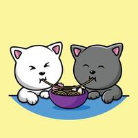 casal de gato fofo comendo ramen noodle cartoon vector icon ilustração. ciência esporte ícone conceito isolado vetor premium. estilo de desenho animado plano