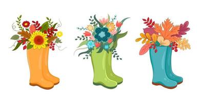 ilustração vetorial definir botas de galochas de primavera com flores de primavera de buquê florescendo, algodão. estilo simples de símbolo de primavera vetor