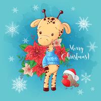 Cartão de Natal com menino girafa dos desenhos animados e um buquê de poinsétia vetor