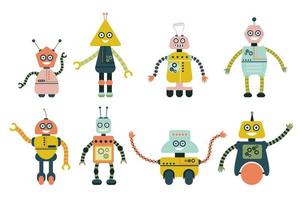 robôs bonitos para meninas e meninos isolados no fundo branco. coleção de estilo simples de brinquedos. vetor