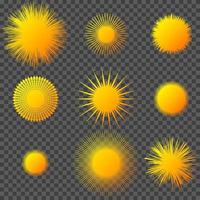 conjunto de ícones de explosão de sol, sol em fundo cinza. elemento plano isolado luz solar, símbolo do tempo. vetor