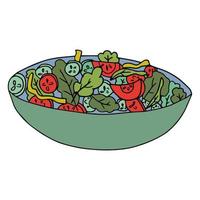 salada de doodle dos desenhos animados com tomates e pepinos isolados no fundo branco. vetor