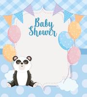 Rótulo de chuveiro de bebê com urso panda e balões vetor