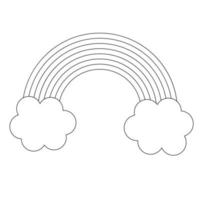 arco-íris doodle linear dos desenhos animados e nuvens isoladas no fundo branco. vetor