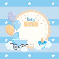 Rótulo de chuveiro de bebê com carrinho, chupeta e balões vetor