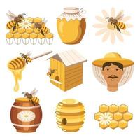conjunto de ilustração de mel, um pote de vidro de mel e um barril de mel, um apicultor, abelhas de favo de mel, colmeias e flores, cores amarelo-marrom