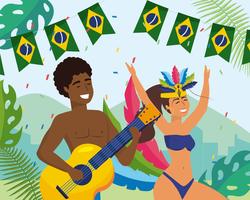 Músico de carnaval masculino e feminino e dançarino e banner de bandeira vetor