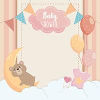 Cartão de chuveiro de bebê com ursinho de pelúcia e lua vetor