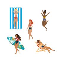 Conjunto de diversas mulheres em trajes de banho na praia vetor