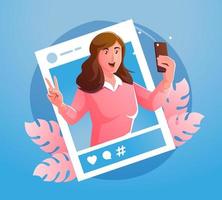 selfie de menina e postagem de mídia social vetor