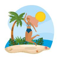 Mulher de maiô pulando na praia vetor