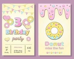 cartão de convite para festa de aniversário com donut. vetor