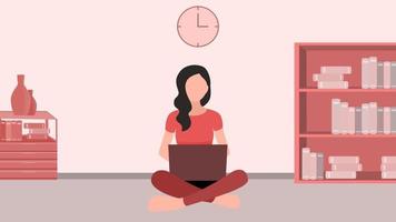 mulher trabalhando com laptop no colo, trabalho em casa e ilustração vetorial de personagem de hora de trabalho flexível. vetor