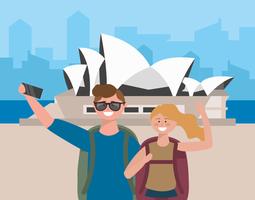 Jovem casal tomando selfie na frente da ópera de Sydney vetor