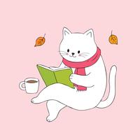livro de leitura do gato e xícara de café vetor