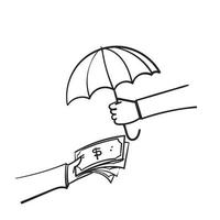 dinheiro desenhado à mão e símbolo de guarda-chuva para o ícone de ilustração de proteção financeira isolado vetor