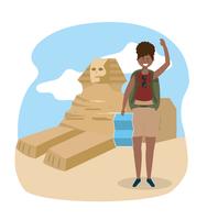 Mulher afro-americana na frente da esfinge egípcia vetor