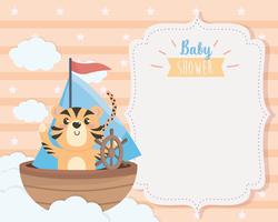 Cartão de chuveiro de bebê com tigre no barco vetor