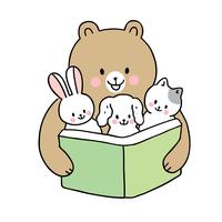 volta às aulas urso lendo livro e bebê animais vetor