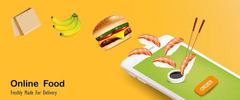 sushi com hambúrguer e banana para pedido de comida online vetor