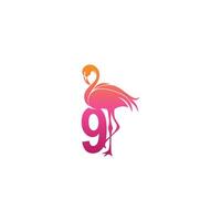 ícone de pássaro flamingo com vetor de design de logotipo número 9