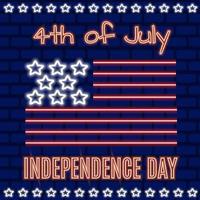 4 de julho dia da independência americana vetor bandeira neon. tabuleta brilhante à noite, ilustração patriótica do dia da independência leve