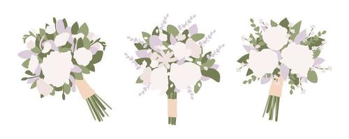 conjunto de buquês de casamento branco com flores rosa, peônia, eucalipto, folhas verdes. buquê de desenhos animados com fita para férias. arranjos de casamento boho. ilustração vetorial plana desenhada à mão vetor